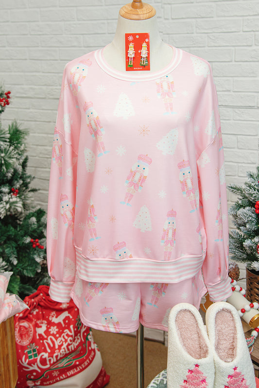 Pink Christmas Tree Nutcracker Doll Print Contrast Trim Long Sleeve Top Matching Shorts Set-Two Piece Sets/Short Sets-[Adult]-[Female]-2022 Online Blue Zone Planet
