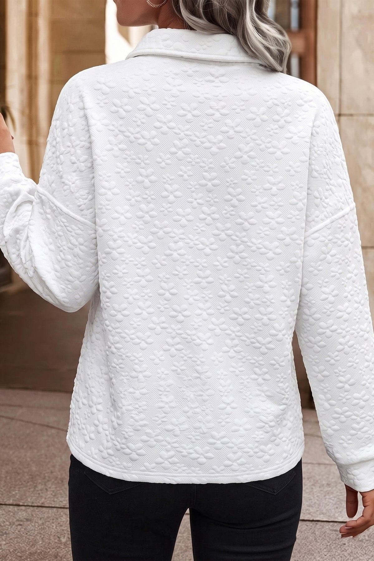 White Solid Color Textured Relaxed Button Collar Pullover Sweatshirt-Tops/Sweatshirts & Hoodies-[Adult]-[Female]-2022 Online Blue Zone Planet