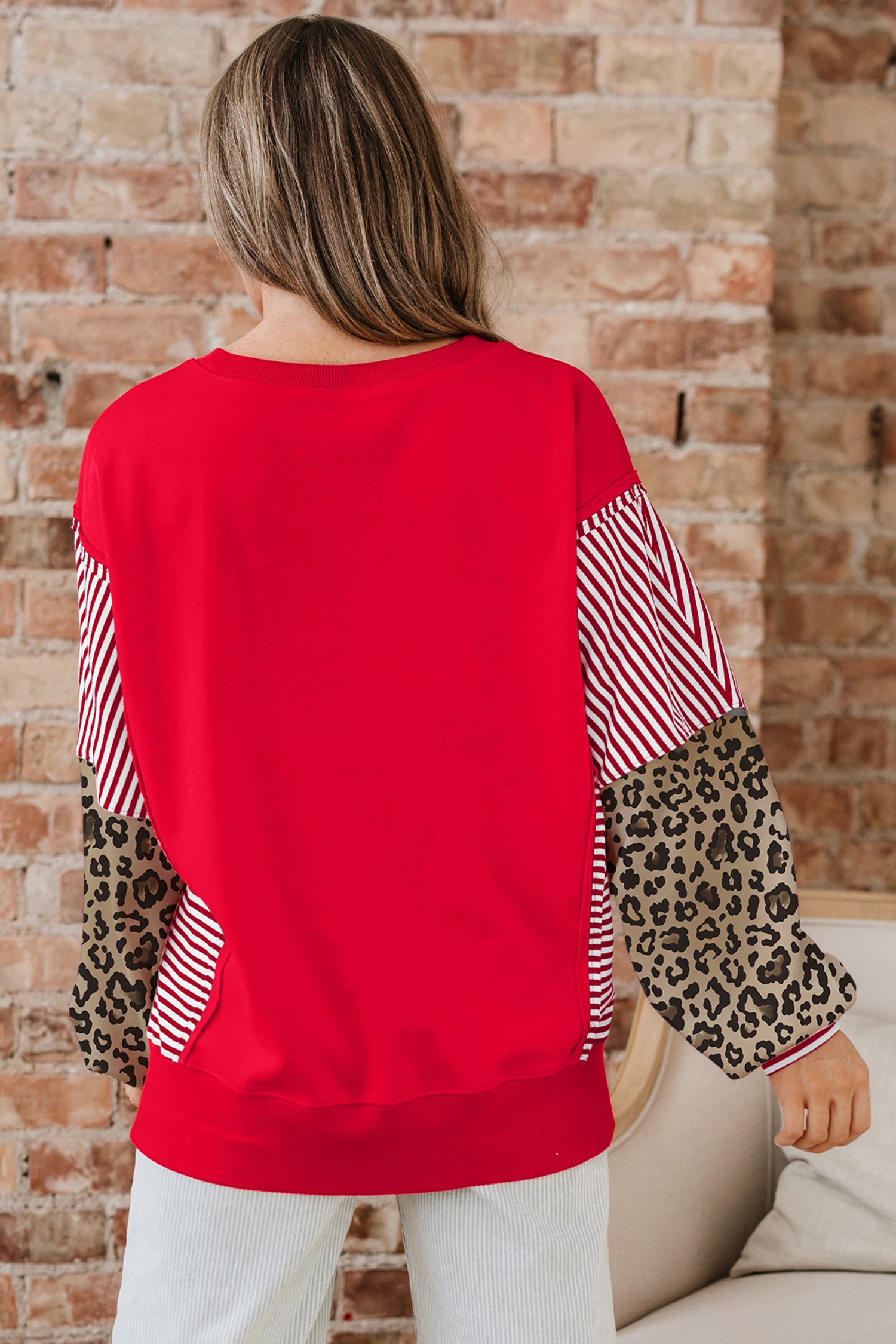 Racing Red Striped Patchwork Sleeve Colorblock Sweatshirt-Tops/Sweatshirts & Hoodies-[Adult]-[Female]-2022 Online Blue Zone Planet