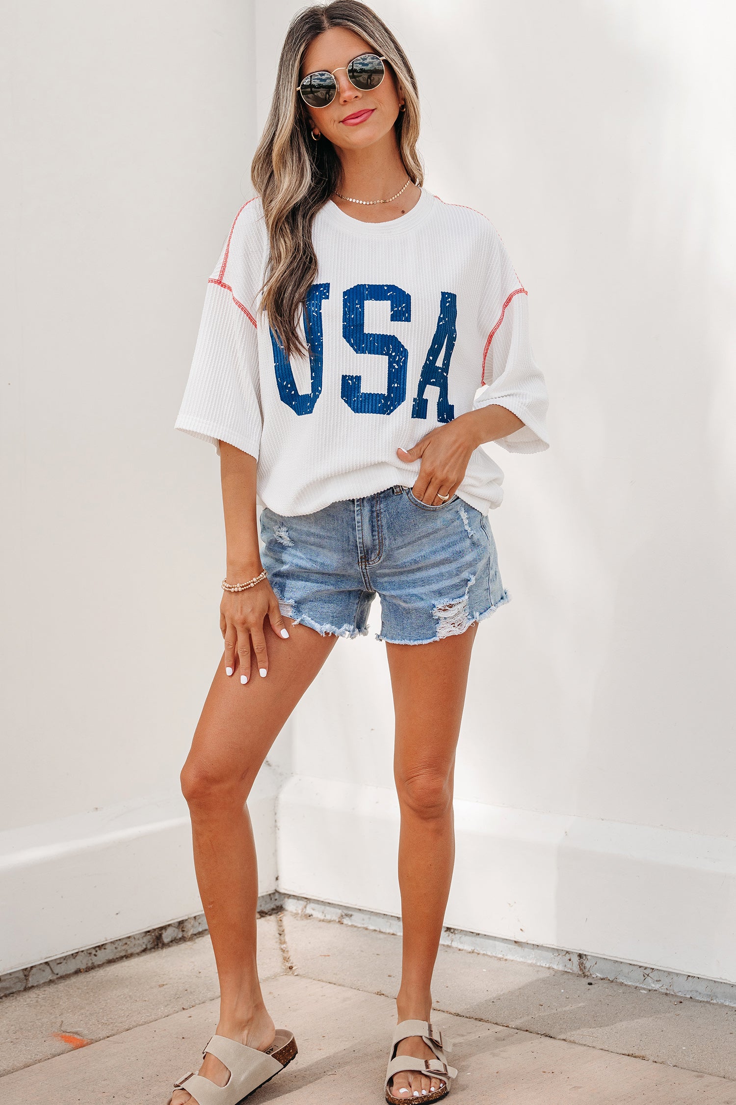 Fiery Red Usa Graphic Half Sleeve Loose Ribbed Top-Tops/Tops & Tees-[Adult]-[Female]-2022 Online Blue Zone Planet