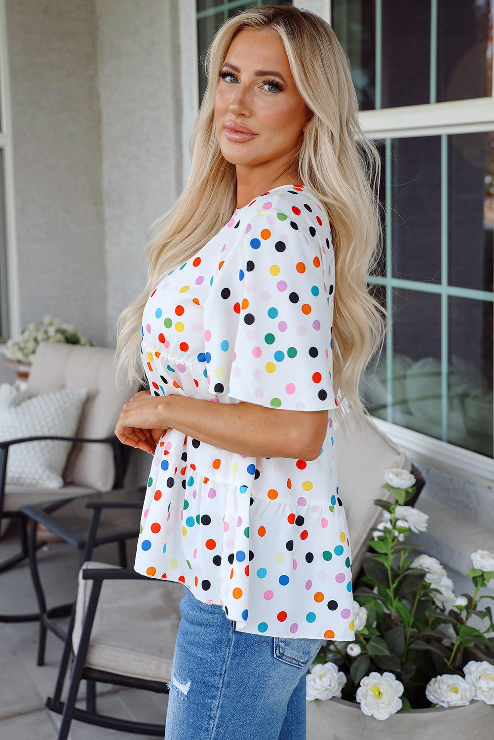 White Colorful Polka Dot Short Sleeve Tiered Ruffled Babydoll Blouse-Tops/Blouses & Shirts-[Adult]-[Female]-2022 Online Blue Zone Planet