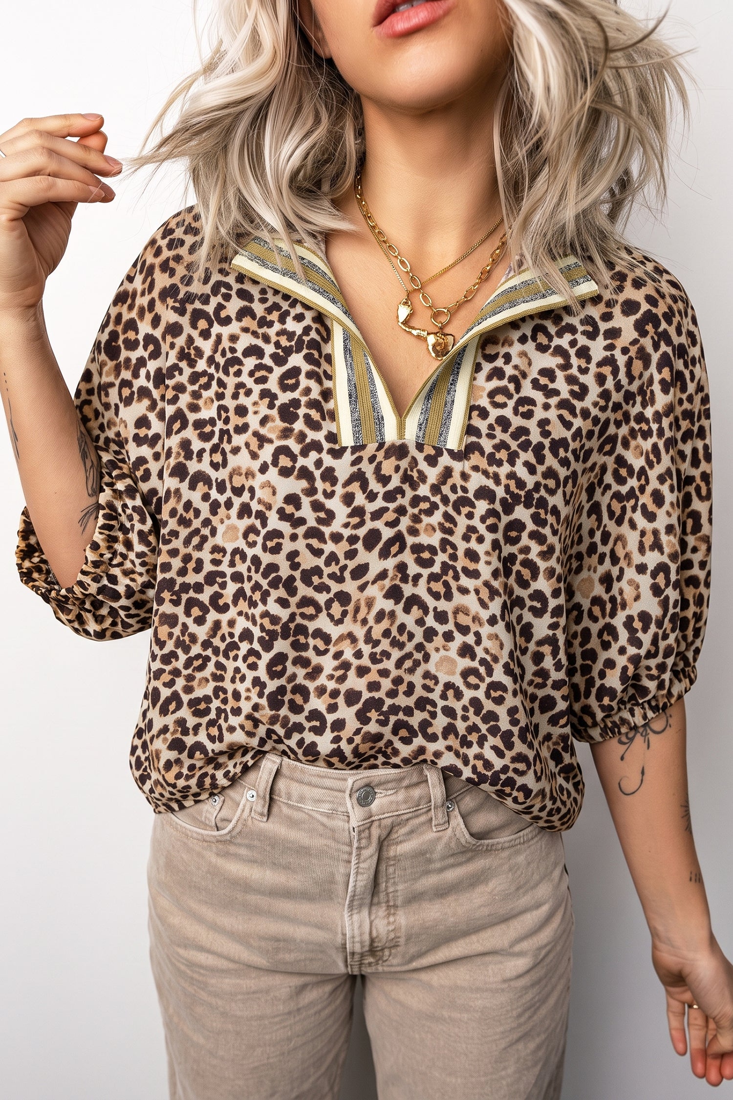Leopard Contrast Trim V Neck Half Sleeve Western Dolman Blouse-Tops/Blouses & Shirts-[Adult]-[Female]-2022 Online Blue Zone Planet