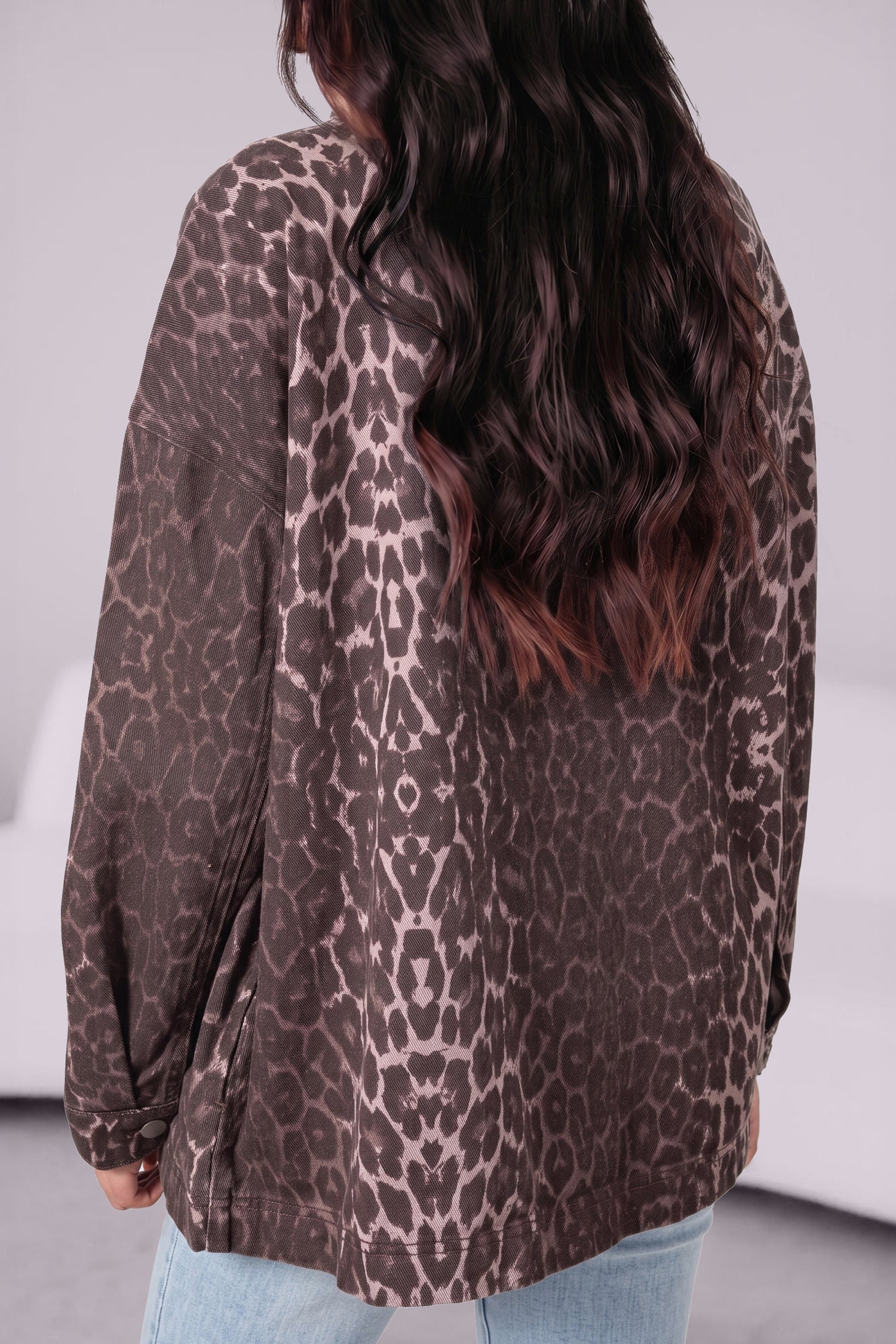 Khaki Oversized Leopard Print Long Sleeve Patch Pocket Denim Jacket-Outerwear/Denim jackets-[Adult]-[Female]-2022 Online Blue Zone Planet