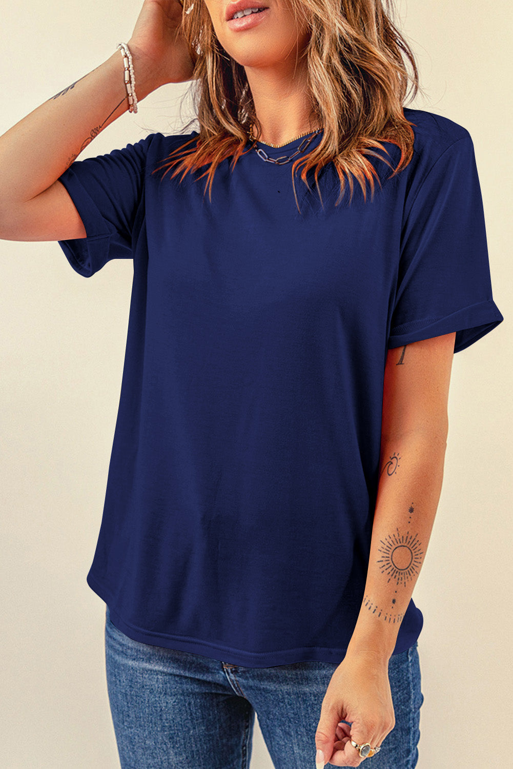 Bright Green Casual Plain Crew Neck Tee-Tops/Tops & Tees-[Adult]-[Female]-Blue-S-2022 Online Blue Zone Planet