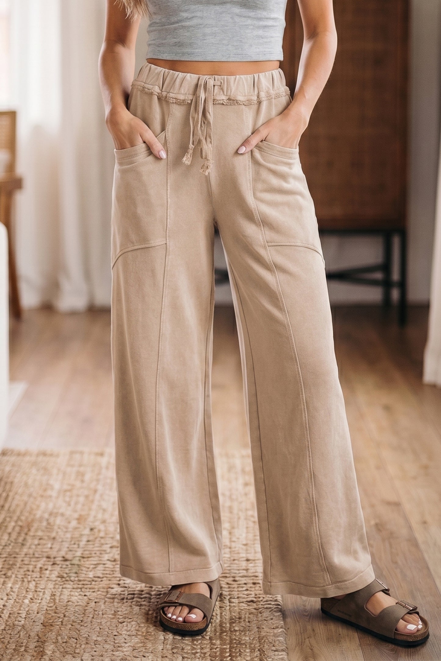 Smoke Gray Mineral Wash Drawstring Retro High Waist Wide Leg Western Pants-Bottoms/Pants & Culotte-[Adult]-[Female]-Smoke Gray-S-2022 Online Blue Zone Planet