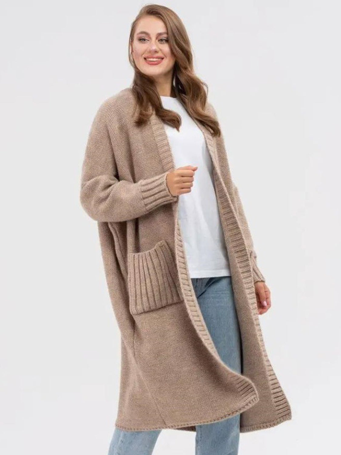 Pocketed Open Front Long Sleeve Longline Cardigan-TOPS / DRESSES-[Adult]-[Female]-Khaki-One Size-2022 Online Blue Zone Planet