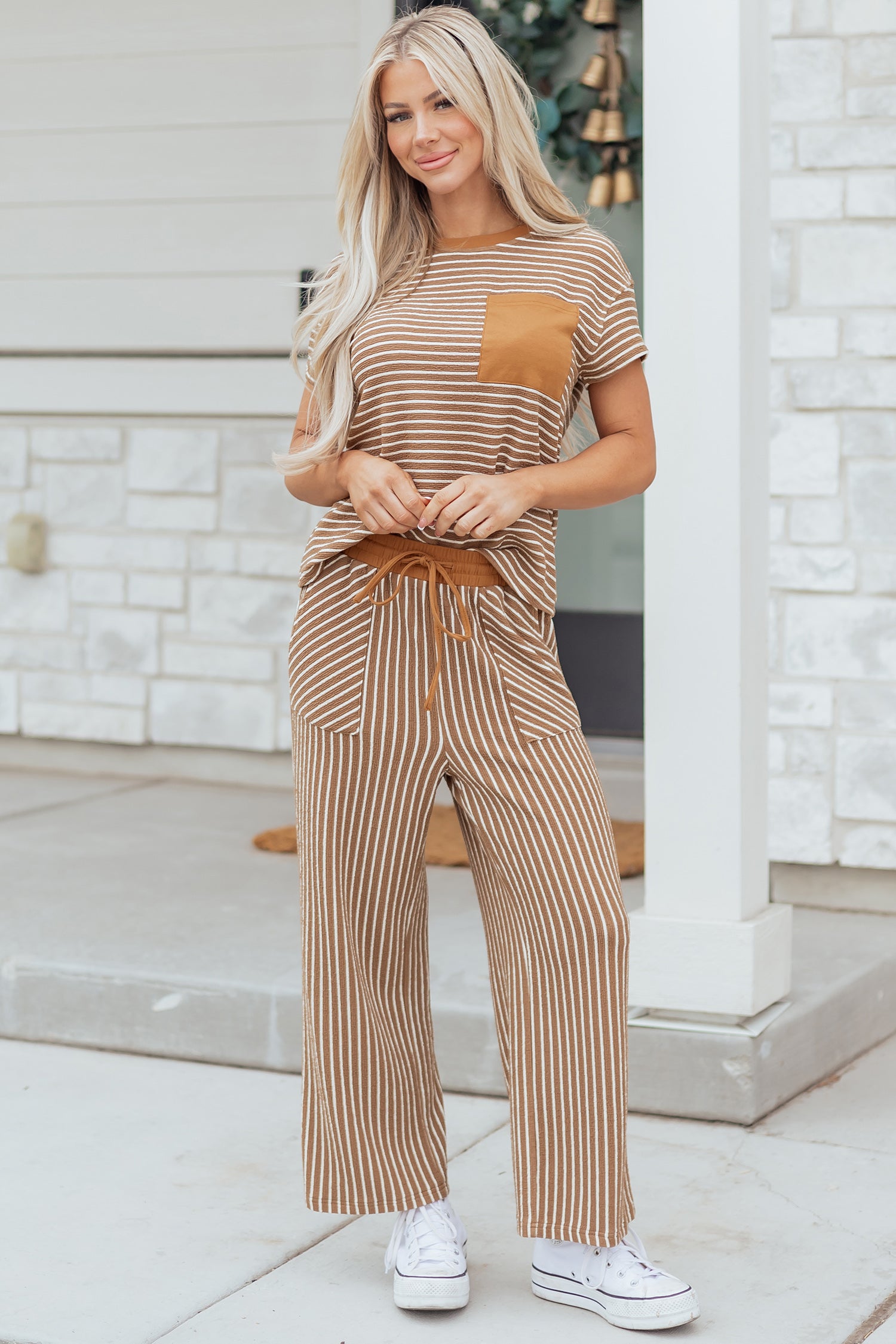 Khaki Stripe Crew Neck Tee Drawstring Waist Cropped Pants Set-Two Piece Sets/Pant Sets-[Adult]-[Female]-2022 Online Blue Zone Planet