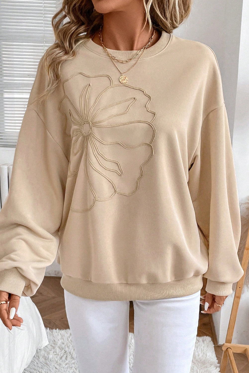 Parchment Embroidered Flower Pattern Drop Shoulder Sweatshirt-Tops/Sweatshirts & Hoodies-[Adult]-[Female]-2022 Online Blue Zone Planet