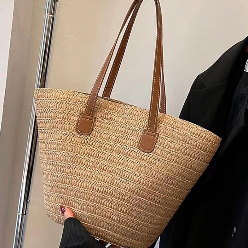 Single shoulder messenger woven bag women's new large capacity holiday beach bag commuter tote bag-[Adult]-[Female]-Khaki-FREESIZE-2022 Online Blue Zone Planet