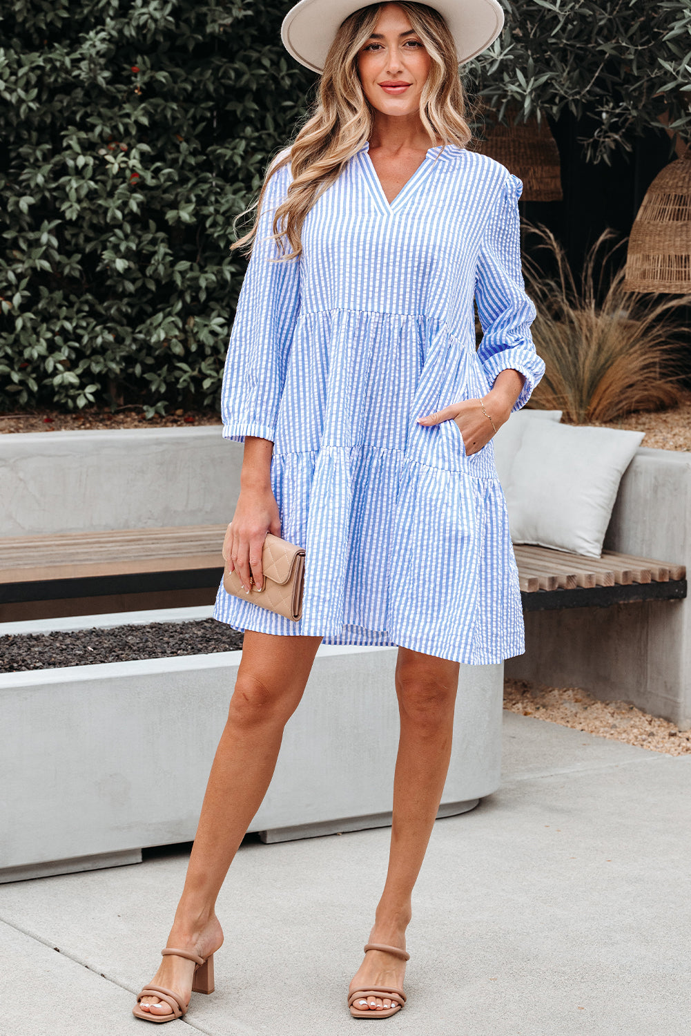 Sky Blue Stripe Bracelet Sleeve Tiered Shift Dress with Pockets-TOPS / DRESSES-[Adult]-[Female]-2022 Online Blue Zone Planet