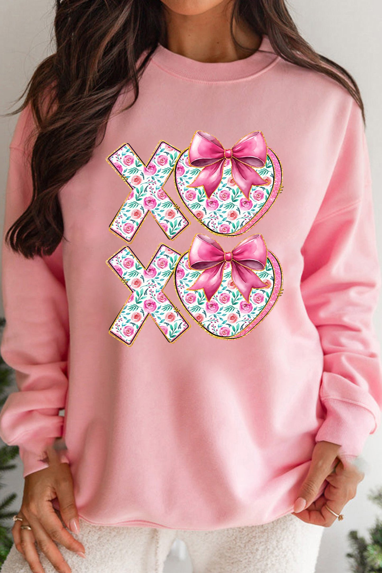 Pink Sweet Bow Floral Printed Valentines Day XOXO Sweatshirt-Graphic Sweatshirts-[Adult]-[Female]-2022 Online Blue Zone Planet