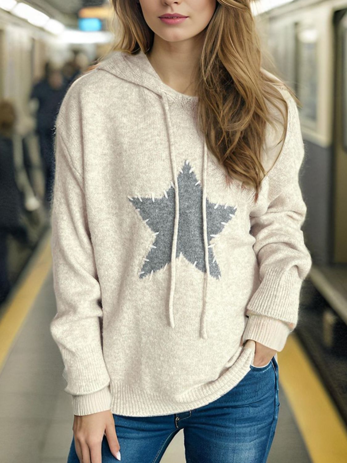 Drawstring Star Long Sleeve Hooded Sweater-TOPS / DRESSES-[Adult]-[Female]-2022 Online Blue Zone Planet