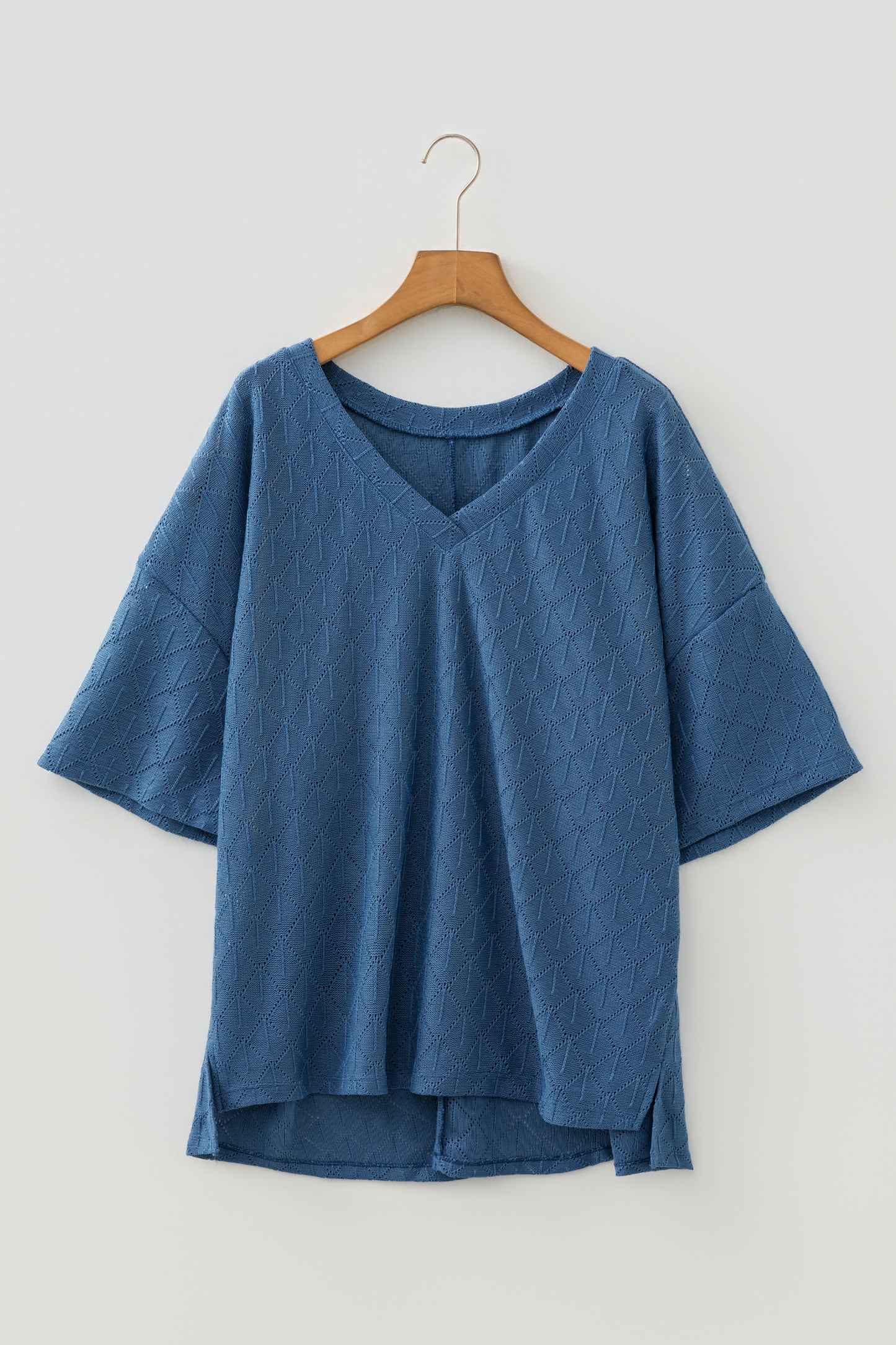 Sky Blue Pointelle Rhombus Knit Plus Size V Neck Loose Top-Plus Size/Plus Size Tops/Plus Size Tops & Tees-[Adult]-[Female]-2022 Online Blue Zone Planet