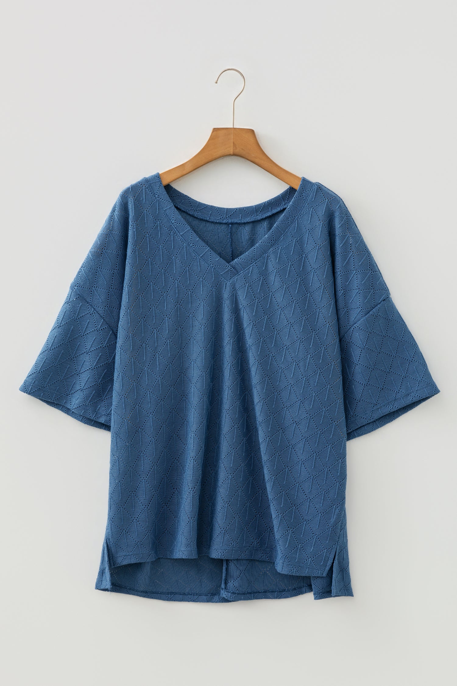 Sky Blue Pointelle Rhombus Knit Plus Size V Neck Loose Top-Plus Size/Plus Size Tops/Plus Size Tops & Tees-[Adult]-[Female]-2022 Online Blue Zone Planet