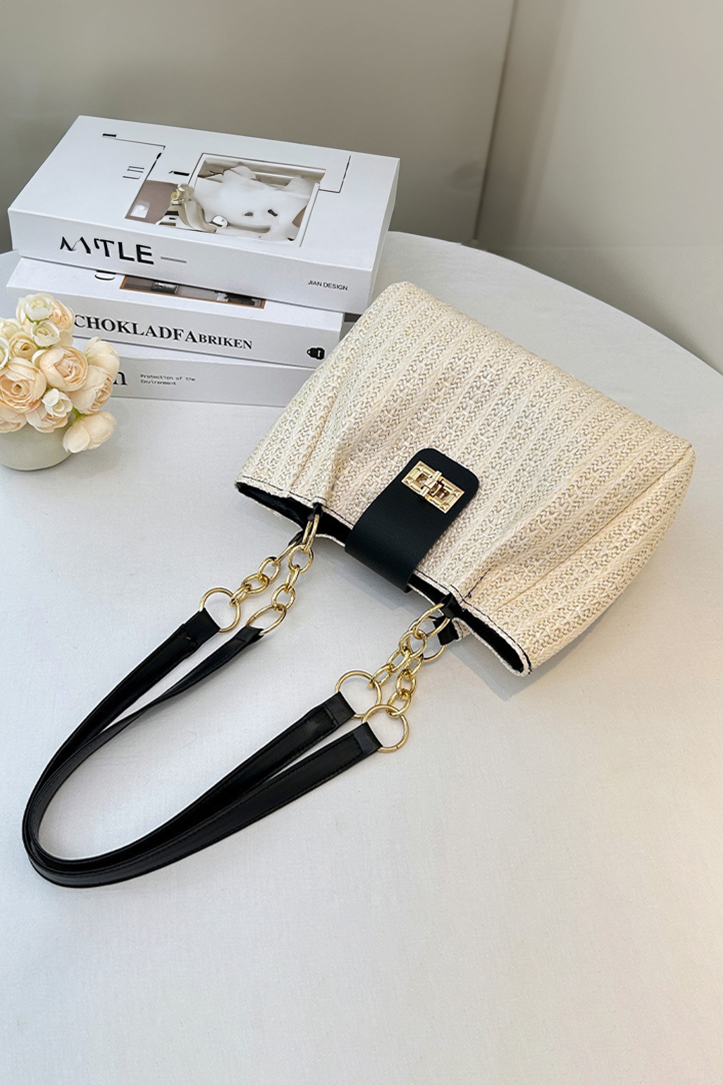 Black PU Leather Chain Handle Woven Textured Knit Tote Bag