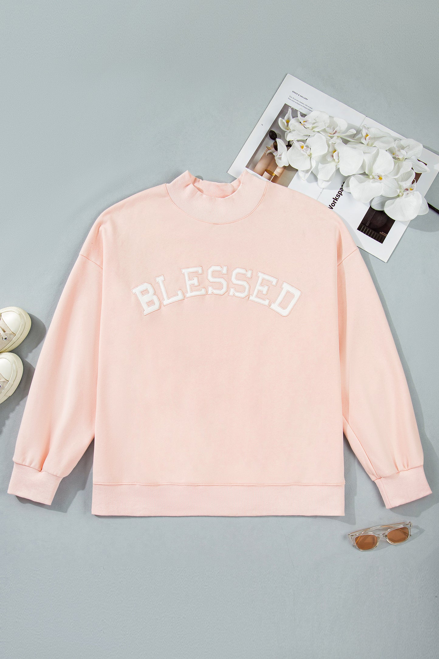 Light Pink BLESSED Embroidered Trim Patch Graphic Plus Size Mock Neck Sweatshirt-Plus Size/Plus Size Sweatshirts & Hoodies-[Adult]-[Female]-2022 Online Blue Zone Planet