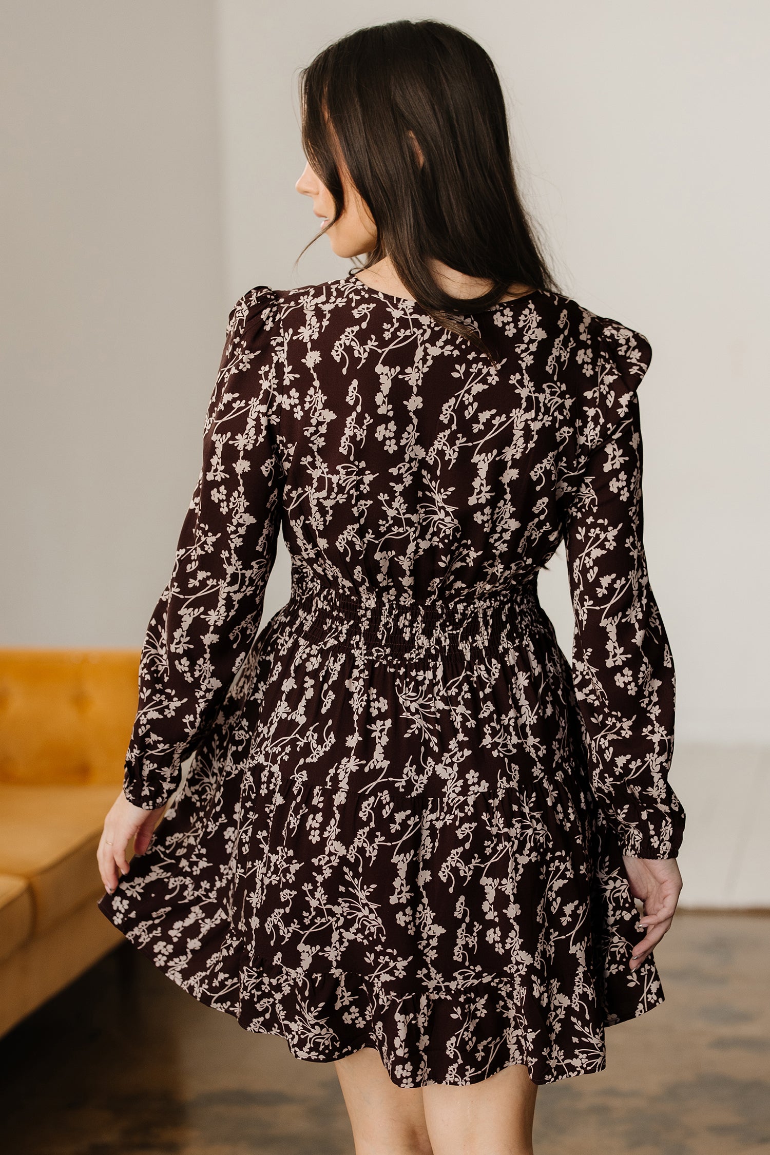 Brown Ditsy Floral Print Split Neck Long Sleeve Shirred Waist Flared Mini Dress-TOPS / DRESSES-[Adult]-[Female]-2022 Online Blue Zone Planet