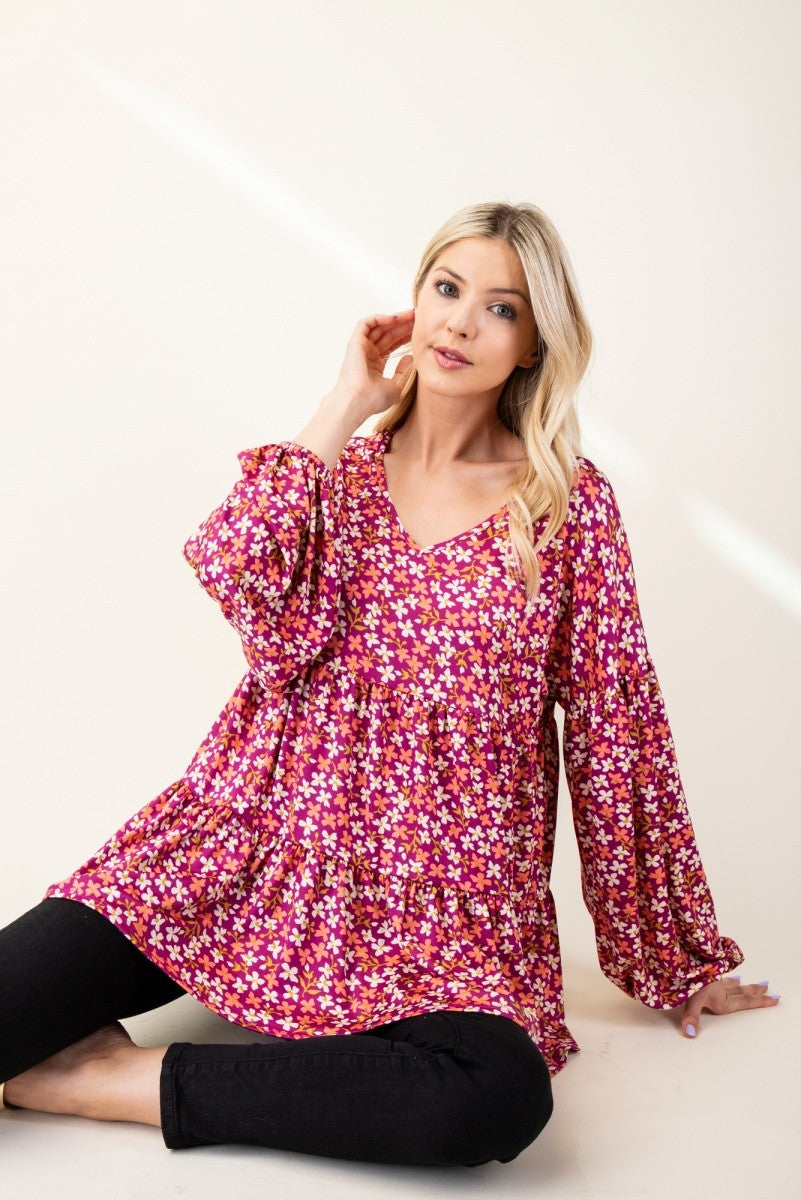 Celeste Full Size Floral V-Neck Balloon Sleeve Blouse-TOPS / DRESSES-[Adult]-[Female]-2022 Online Blue Zone Planet