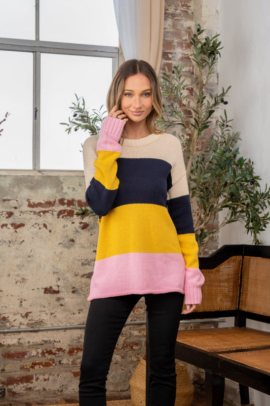 Sew In Love Full Size Color Block Exposed Seam Sweater-TOPS / DRESSES-[Adult]-[Female]-Navy Blush-S-2022 Online Blue Zone Planet