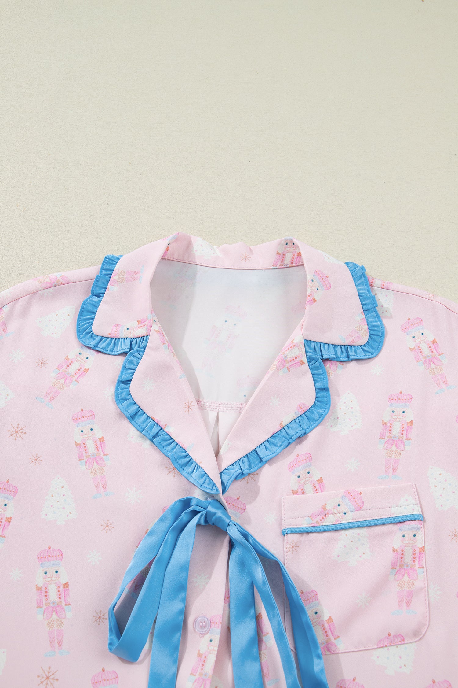 Pink Bow Tie Front Christmas Nutcracker Long Sleeve Shirt Shorts Pajama Set-Loungewear & Sleepwear/Sleepwear-[Adult]-[Female]-2022 Online Blue Zone Planet