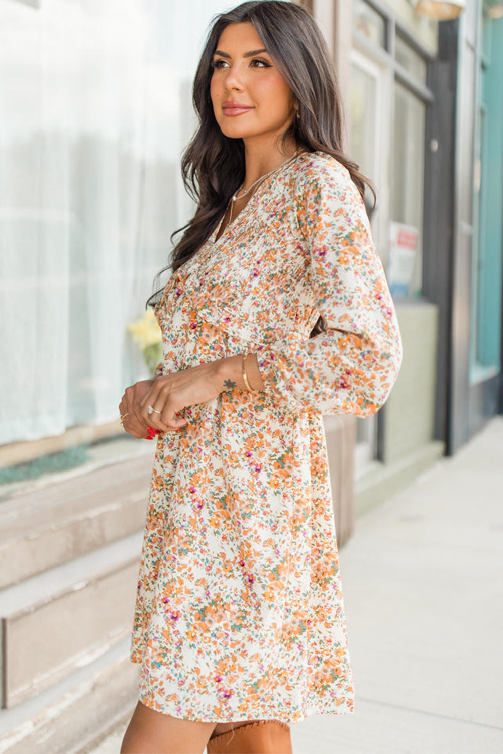 Yellow Boho Floral V Neck Ruffled Empire Waist Long Sleeve Mini Dress-Dresses/Floral Dresses-[Adult]-[Female]-2022 Online Blue Zone Planet