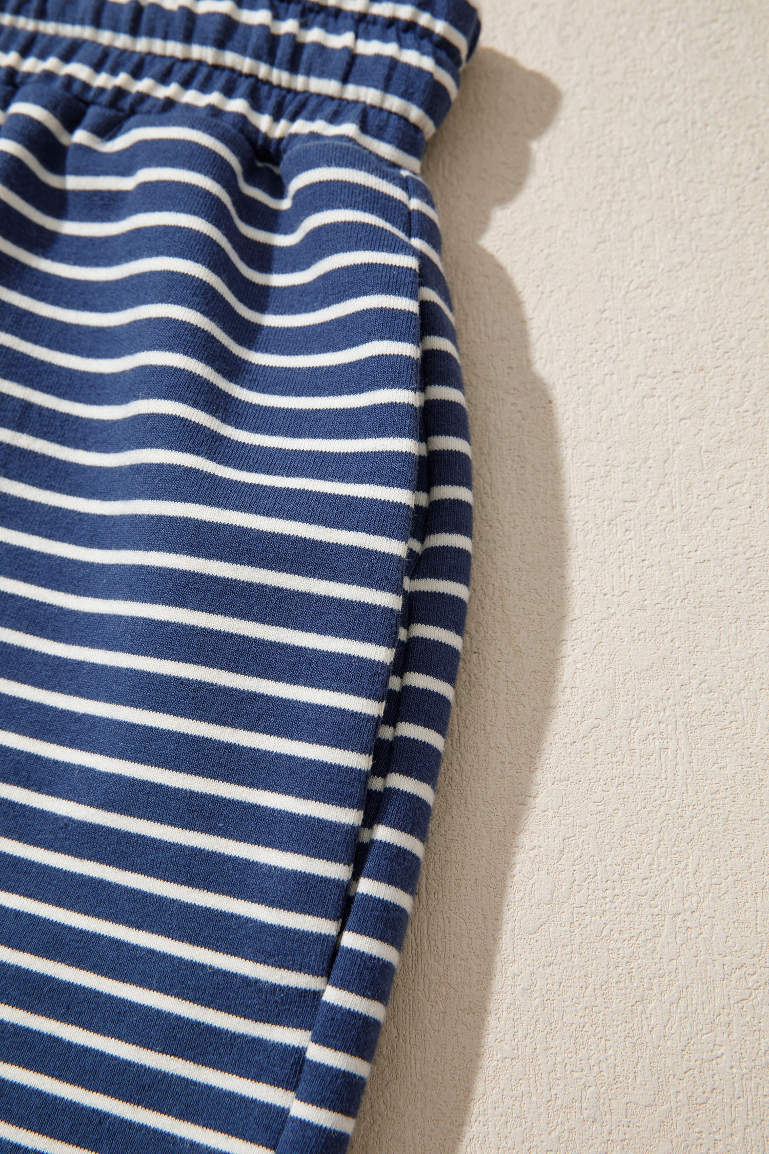 Blue Stripe Ribbed Patchwork Mock Neck Baggy Pullover Matching Shorts Set-Two Piece Sets/Short Sets-[Adult]-[Female]-2022 Online Blue Zone Planet