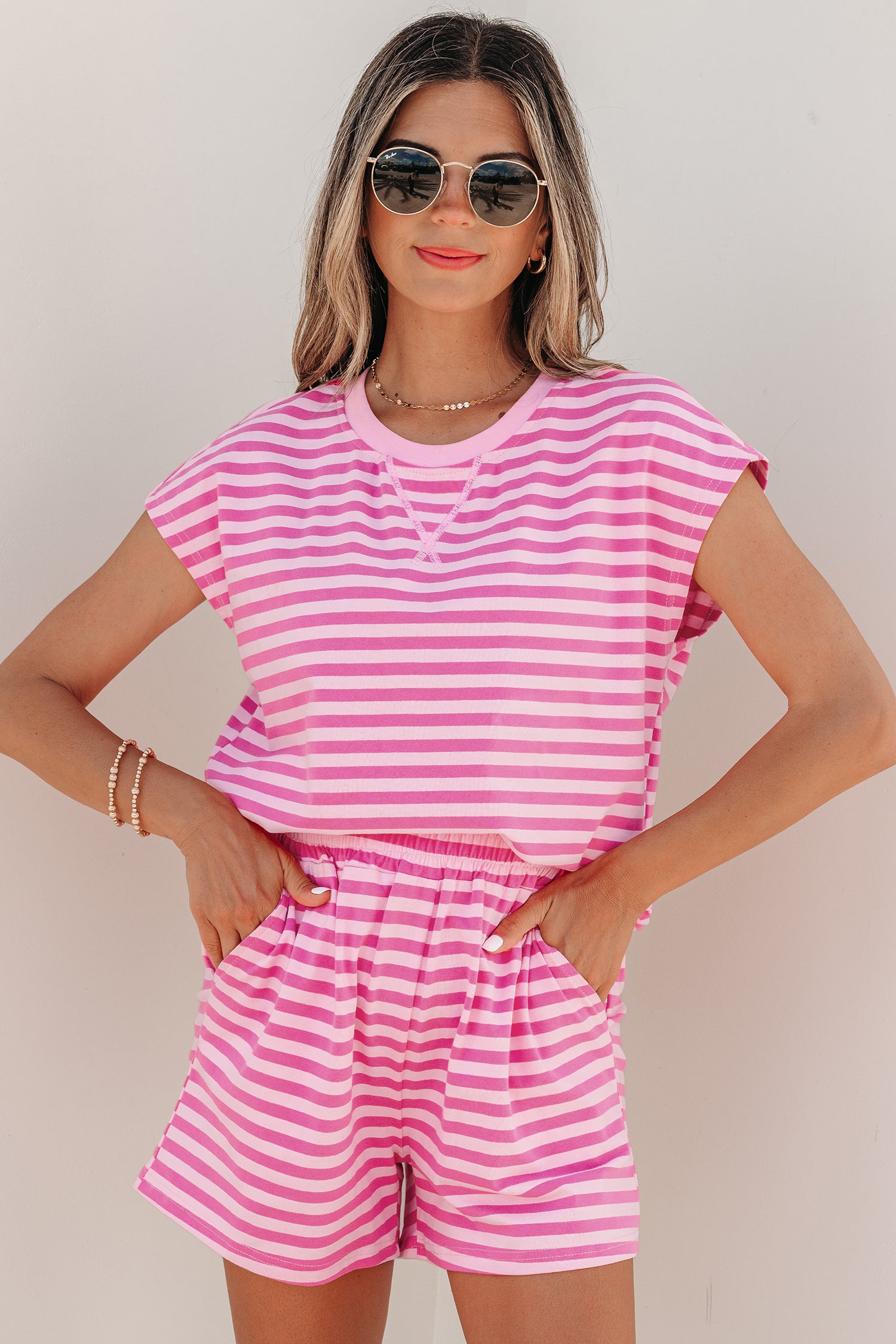 Pink Stripe Cap Sleeve Tee Elastic Waist Shorts 2pcs Outfit-Two Piece Sets/Short Sets-[Adult]-[Female]-Pink Stripe-S-2022 Online Blue Zone Planet