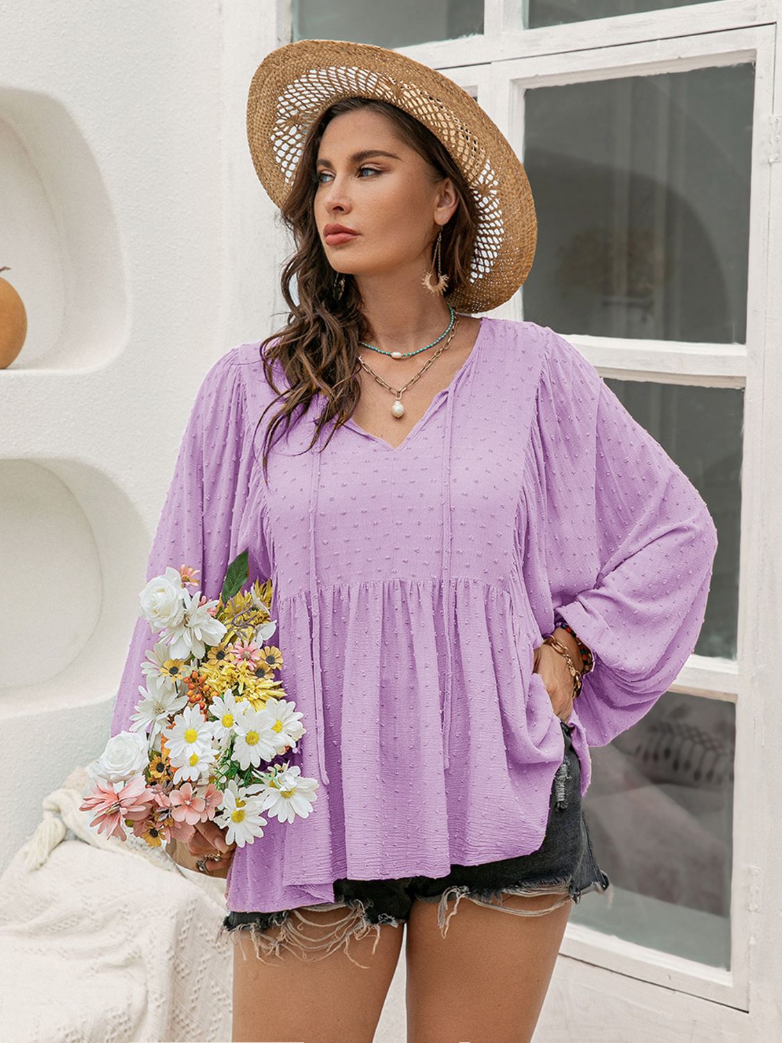 Plus Size Swiss Dot Tie Neck Long Sleeve Blouse-TOPS / DRESSES-[Adult]-[Female]-Pink Purple-0XL-2022 Online Blue Zone Planet