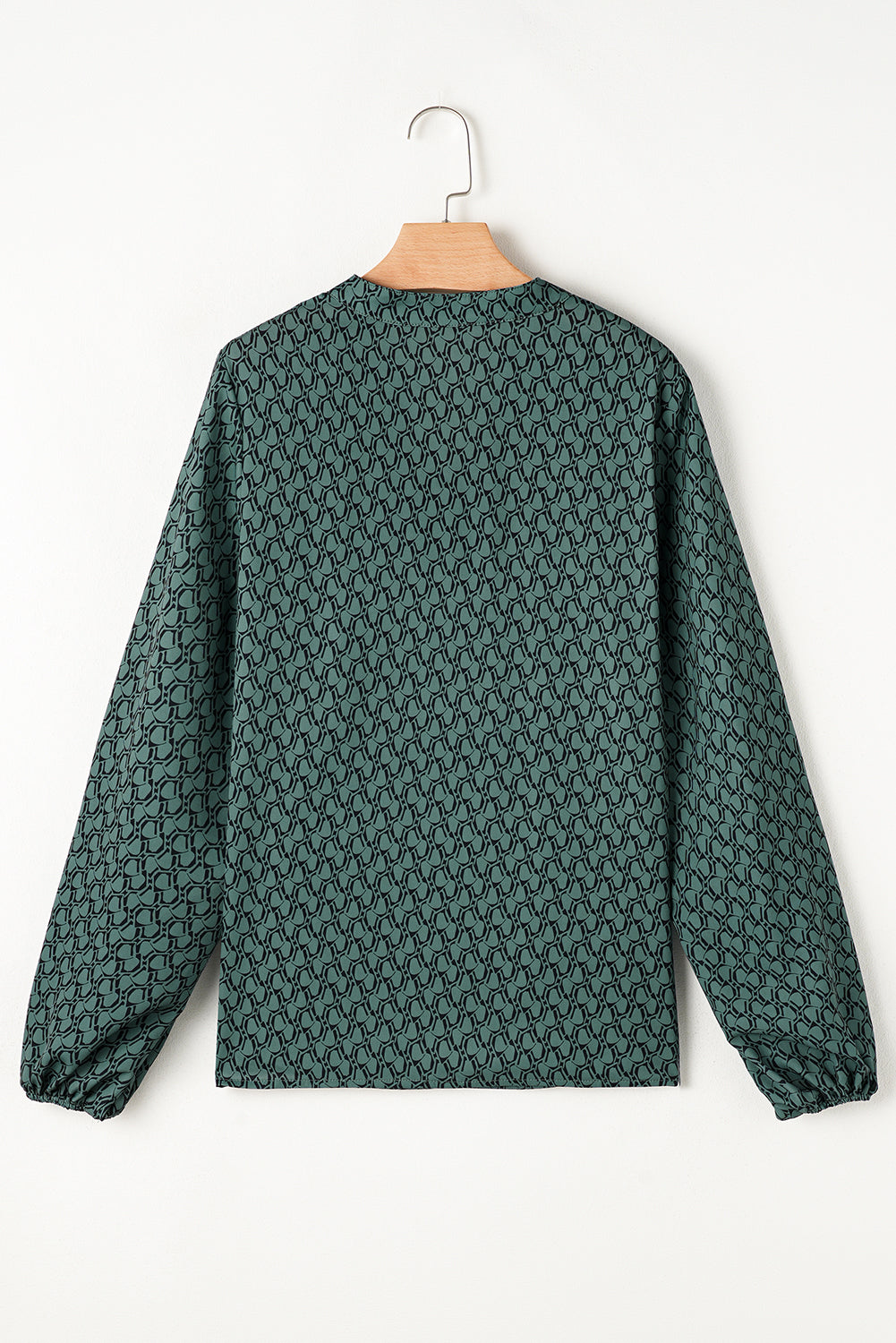 Blue Zone Planet | Green Geometric Print Notched Neck Puff Sleeve Blouse-Tops/Blouses & Shirts-[Adult]-[Female]-2022 Online Blue Zone Planet