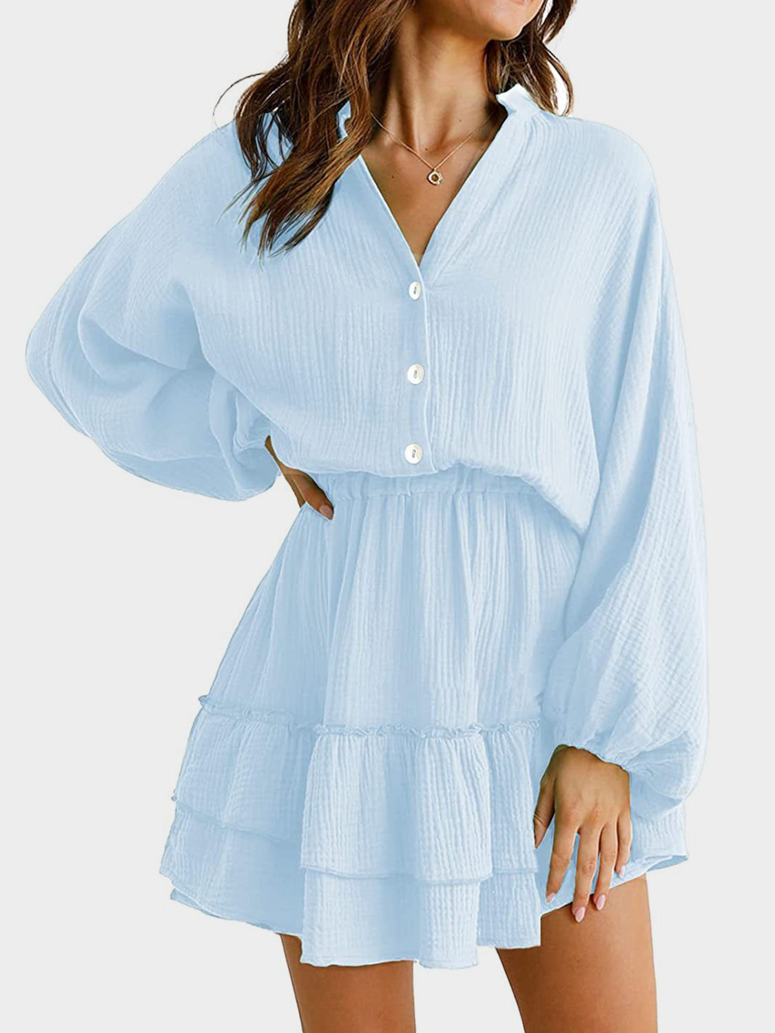 Ruffled Notched Balloon Sleeve Mini Dress-TOPS / DRESSES-[Adult]-[Female]-Light Blue-S-2022 Online Blue Zone Planet