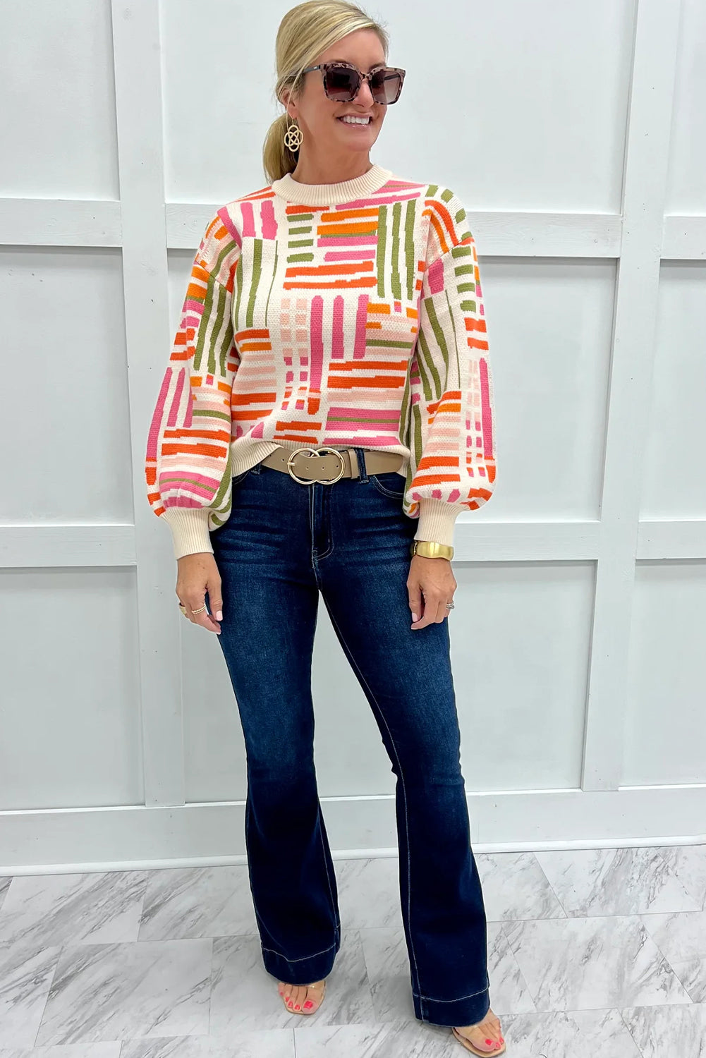 Rose Love Lines Pattern Crew Neck Puff Sleeve Sweater-TOPS / DRESSES-[Adult]-[Female]-2022 Online Blue Zone Planet