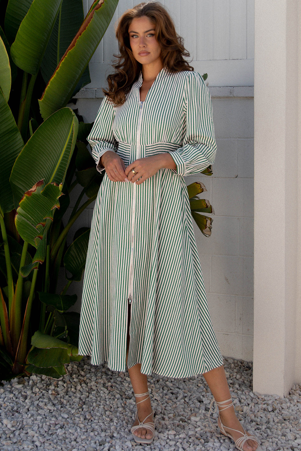 Green Stripe V Neck Zip Front Cinched High Waist Midi Dress-TOPS / DRESSES-[Adult]-[Female]-2022 Online Blue Zone Planet