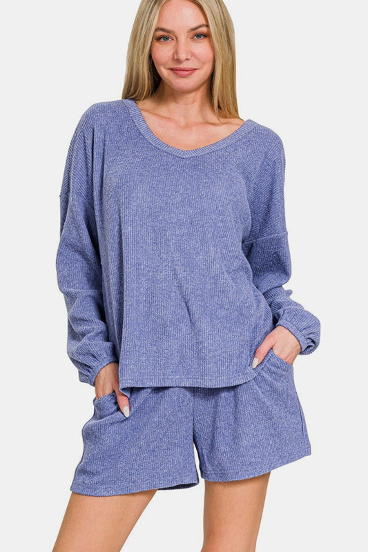 Blue Zone Planet | Zenana V-Neck Long Sleeve Ribbed Top and Shorts Set-TOPS / DRESSES-[Adult]-[Female]-Blue Purple-S-2022 Online Blue Zone Planet