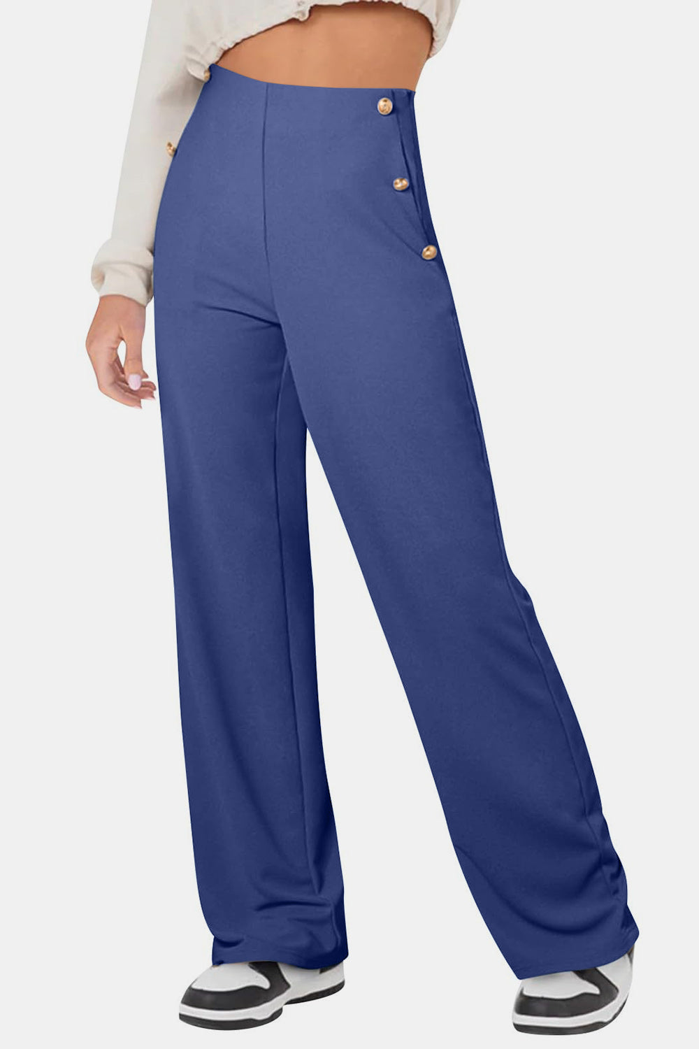 Decorative Button High Rise Pants-BOTTOMS SIZES SMALL MEDIUM LARGE-[Adult]-[Female]-Dusty Blue-S-2022 Online Blue Zone Planet