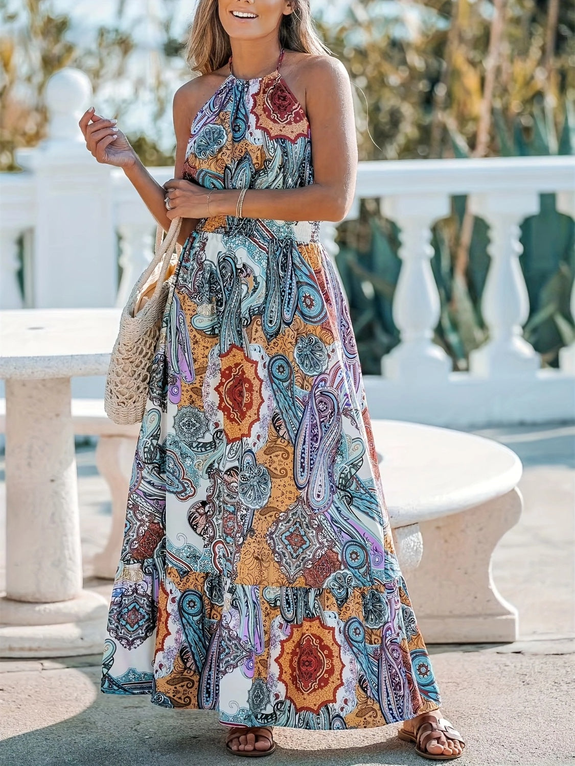 Blue Zone Planet | Printed Halter Neck Maxi Dress-TOPS / DRESSES-[Adult]-[Female]-2022 Online Blue Zone Planet