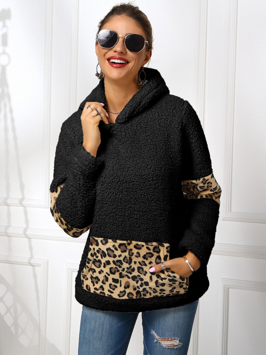 Blue Zone Planet | Ivy Lane Sherpa Leopard Long Sleeve Hoodie-TOPS / DRESSES-[Adult]-[Female]-2022 Online Blue Zone Planet