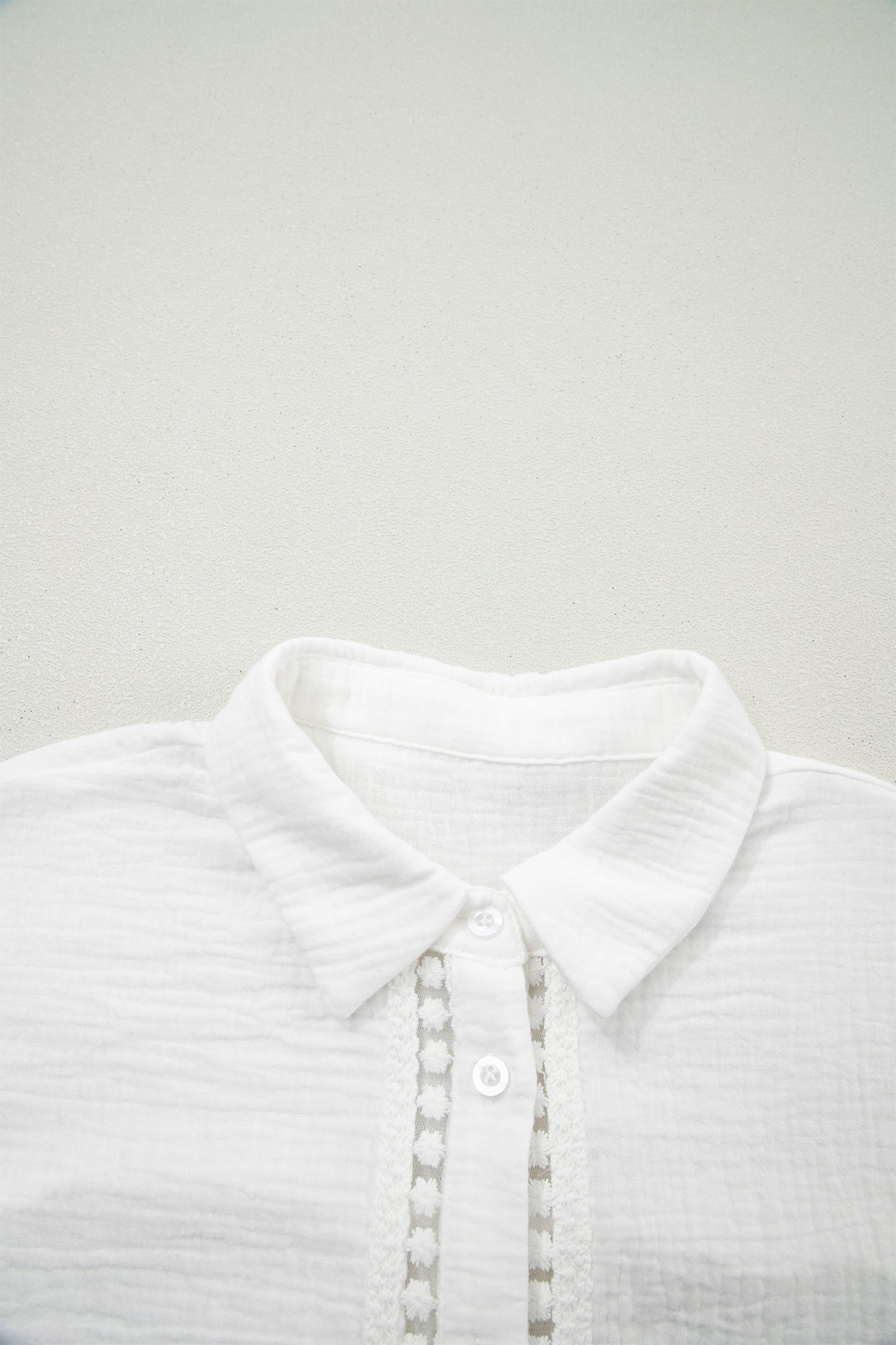 White Lace Trim Cuffed Short Sleeve Textured Shirt-Tops/Blouses & Shirts-[Adult]-[Female]-2022 Online Blue Zone Planet