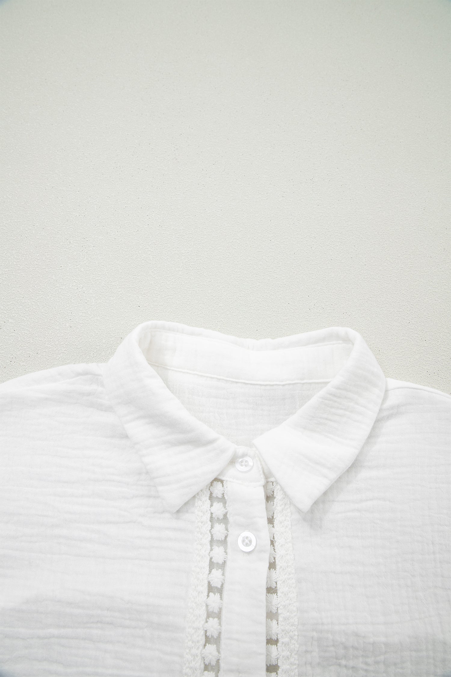 White Lace Trim Cuffed Short Sleeve Textured Shirt-Tops/Blouses & Shirts-[Adult]-[Female]-2022 Online Blue Zone Planet