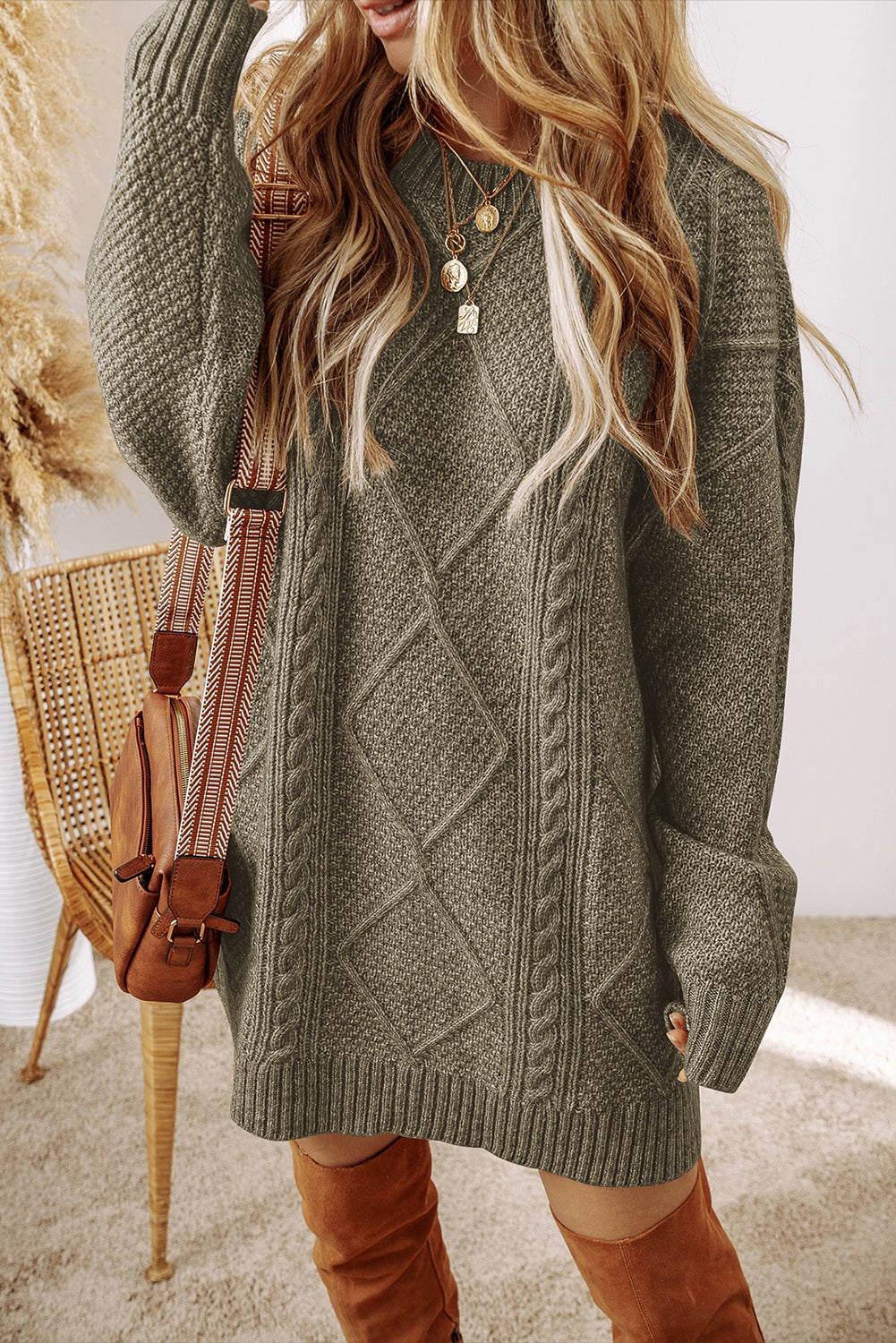 Blue Zone Planet | Black Cable Knit Drop Shoulder Loose Fit Sweater Dress-TOPS / DRESSES-[Adult]-[Female]-Mist Green-S-2022 Online Blue Zone Planet