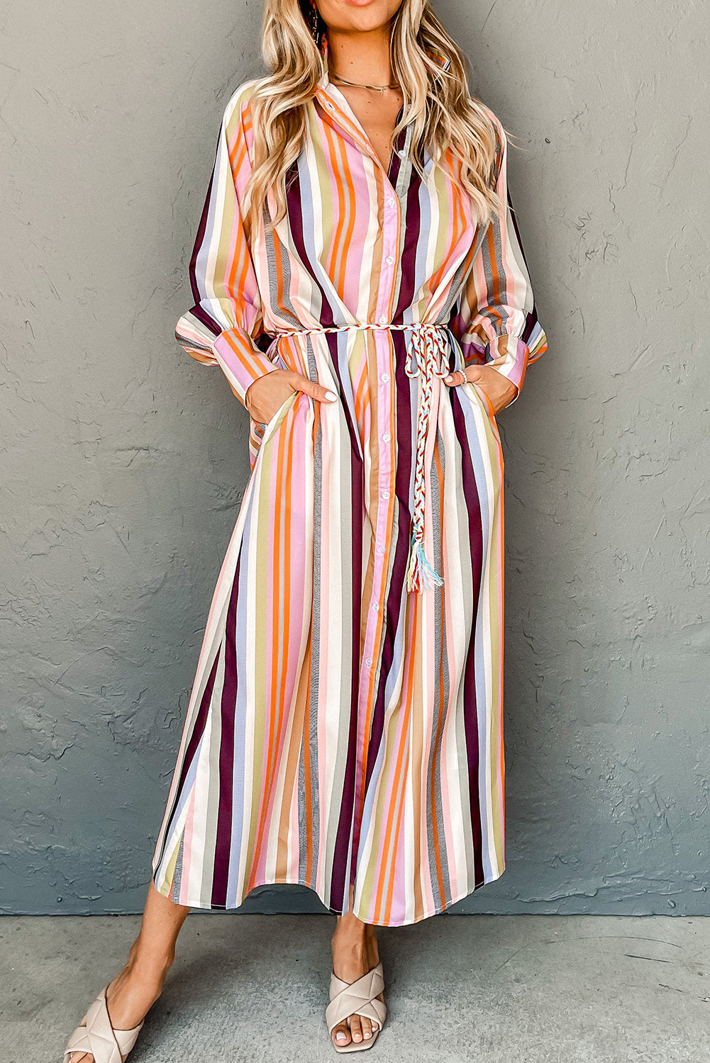 fitted lace wedding dress White Multicolor Striped Cuffed Sleeve Tassel Tied Shirt Maxi Dress