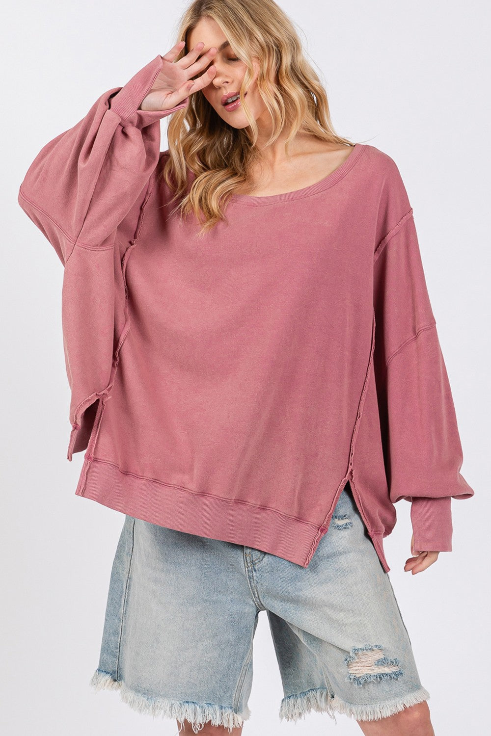 Blue Zone Planet | SAGE + FIG Mineral Wash Side Slit Oversized Sweatshirt-TOPS / DRESSES-[Adult]-[Female]-2022 Online Blue Zone Planet