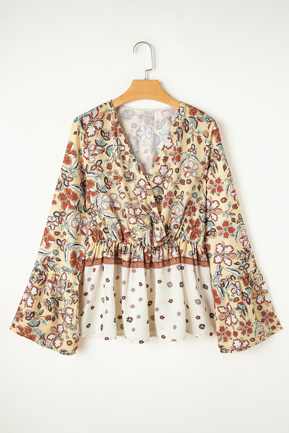 Blue Zone Planet | Yellow Printed Floral Bell Sleeve V Neck Wrapped Contrast Peplum Blouse-Tops/Blouses & Shirts-[Adult]-[Female]-Yellow Printed-S-2022 Online Blue Zone Planet