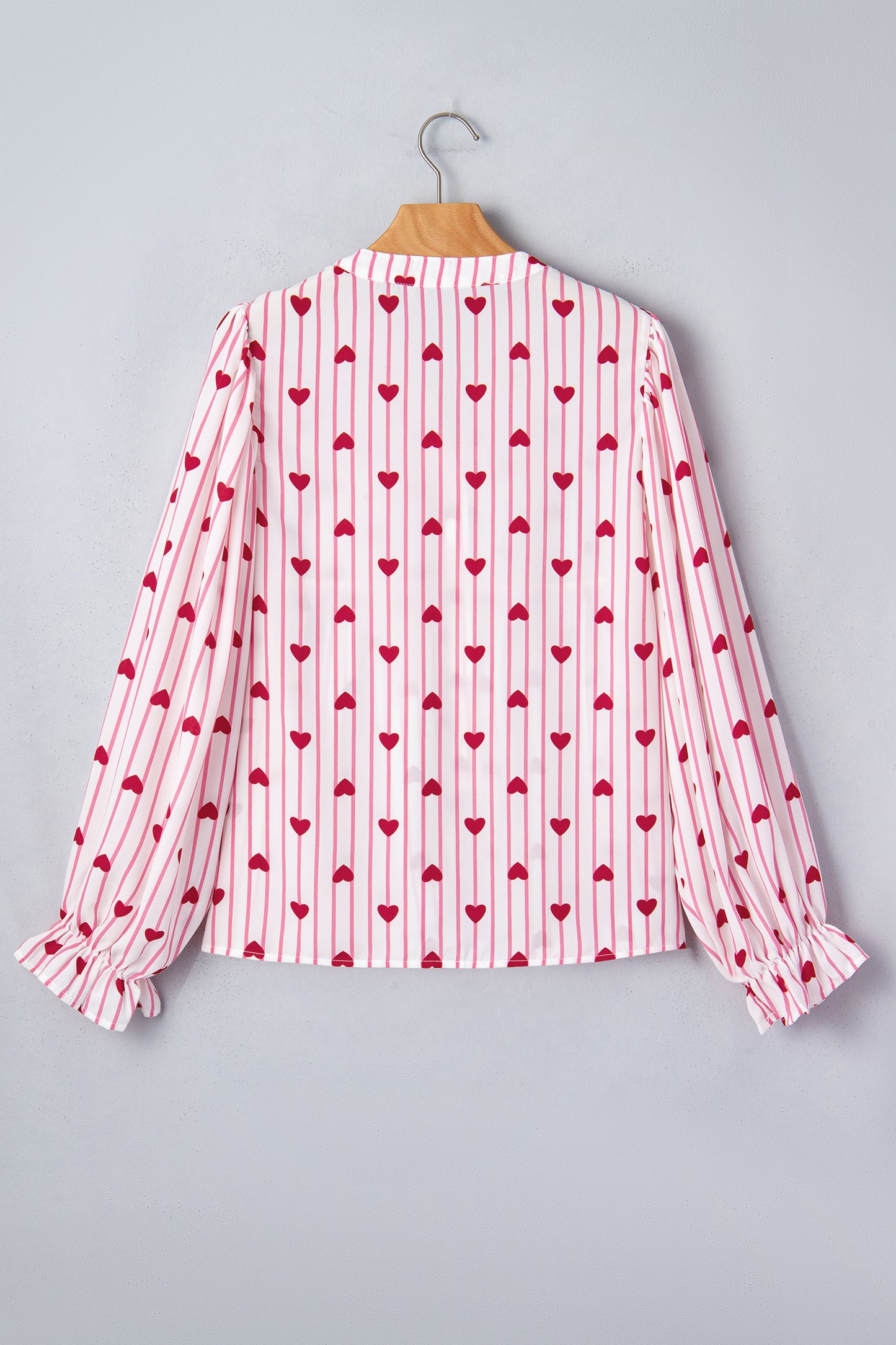 Pink Stripe Textured Heart Print Long Flounce Sleeve Shirt-Tops/Blouses & Shirts-[Adult]-[Female]-2022 Online Blue Zone Planet