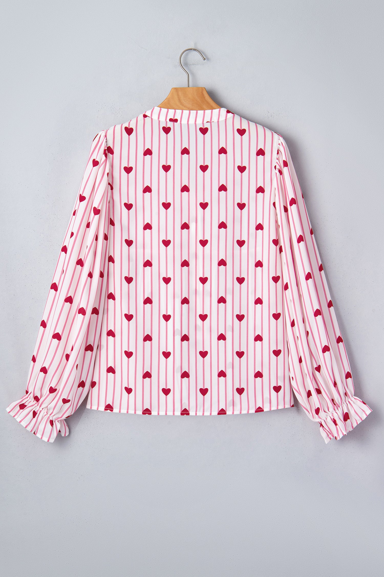 Pink Stripe Textured Heart Print Long Flounce Sleeve Shirt-Tops/Blouses & Shirts-[Adult]-[Female]-2022 Online Blue Zone Planet