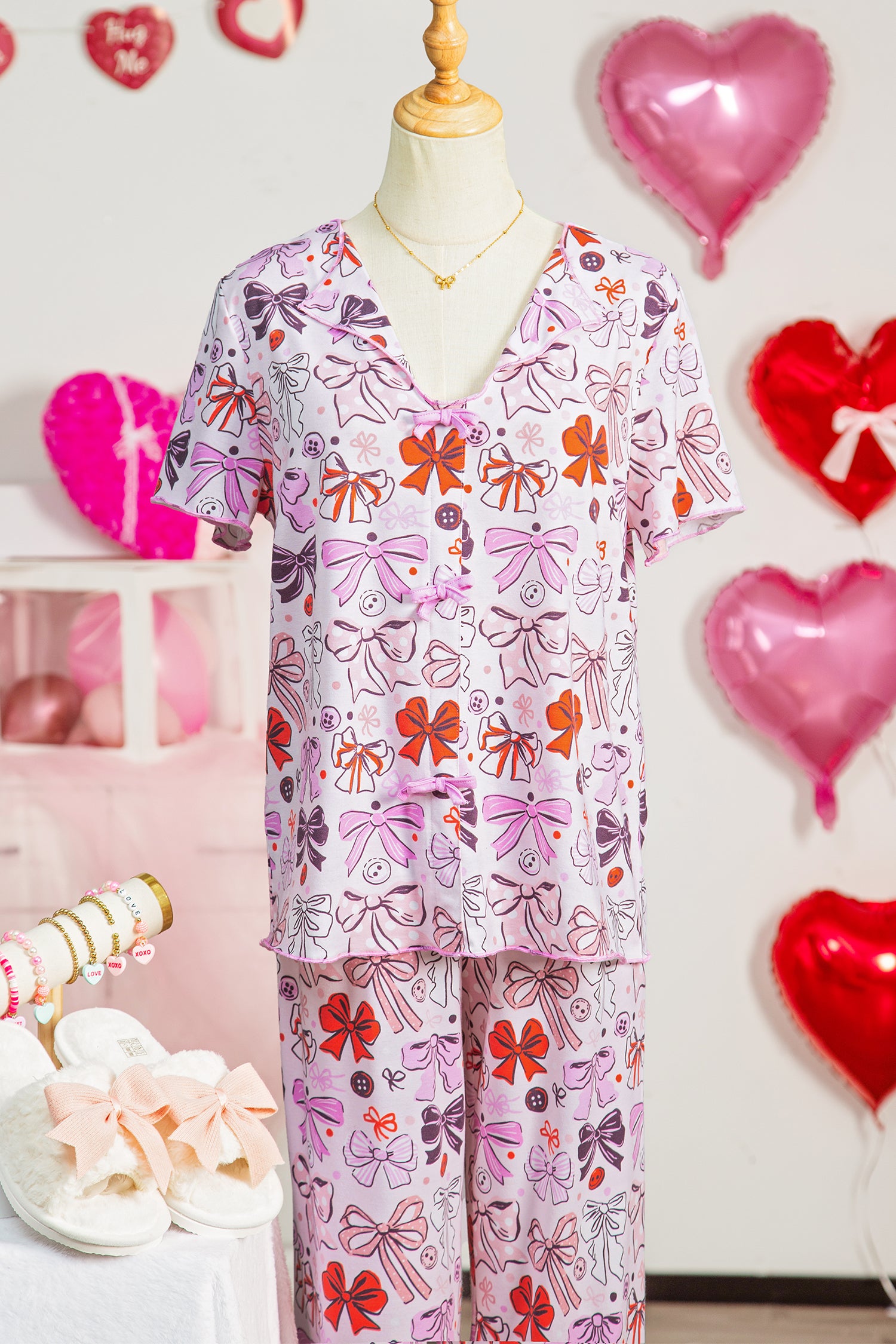 Pink Diverse Bows Buttons Printed Contrast Trim Short Sleeve Shirt Pajama Pant Set-Loungewear & Sleepwear/Sleepwear-[Adult]-[Female]-2022 Online Blue Zone Planet