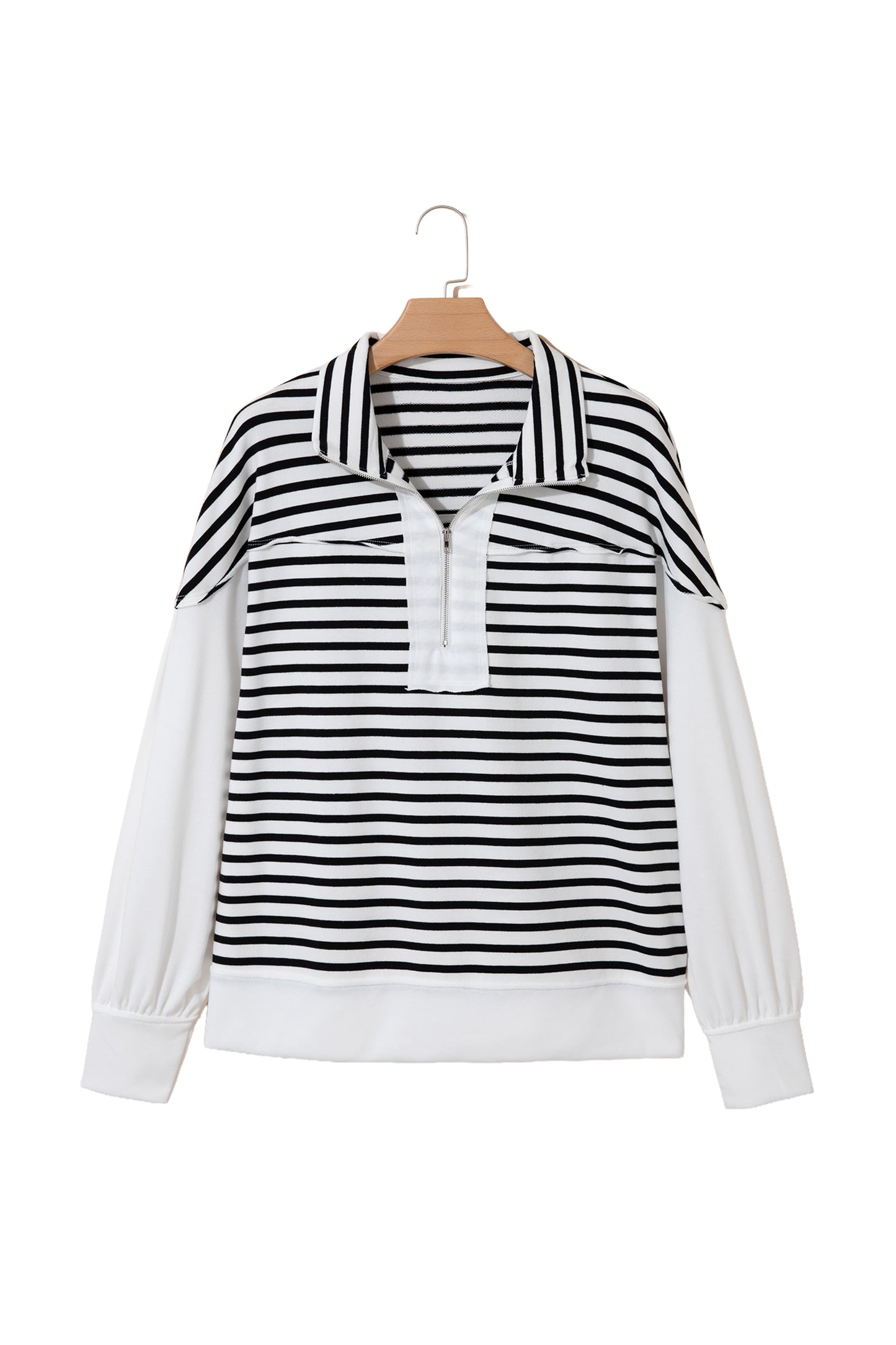 White Stripe Color Block Long Puff Sleeve Metal Zip-Up Collar Top-Tops/Long Sleeve Tops-[Adult]-[Female]-2022 Online Blue Zone Planet