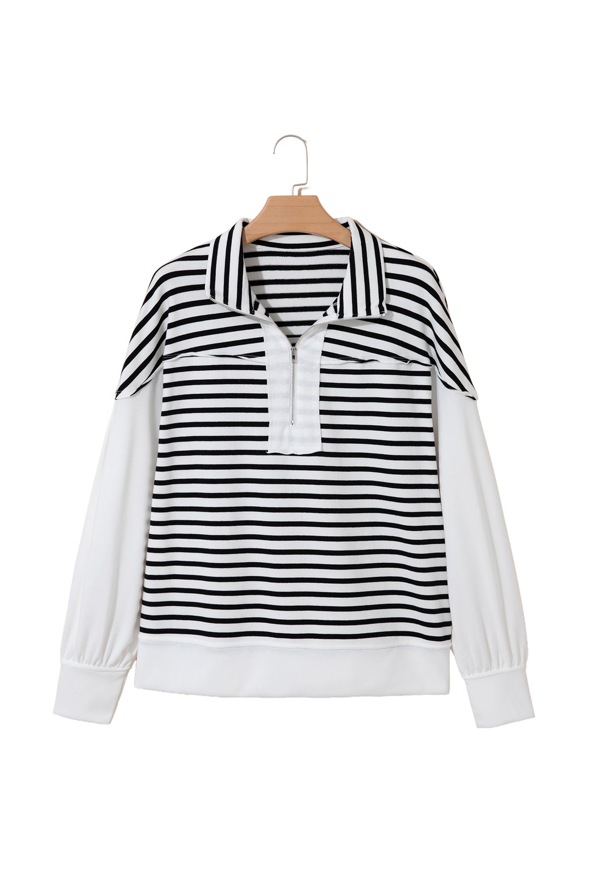 White Stripe Color Block Long Puff Sleeve Metal Zip-Up Collar Top-Tops/Long Sleeve Tops-[Adult]-[Female]-2022 Online Blue Zone Planet