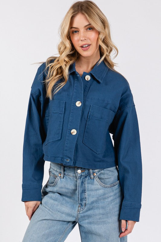 Blue Zone Planet | bytos Button Down Cropped Denim Jacket with Patch Pockets-TOPS / DRESSES-[Adult]-[Female]-Peacock Blue-S-2022 Online Blue Zone Planet