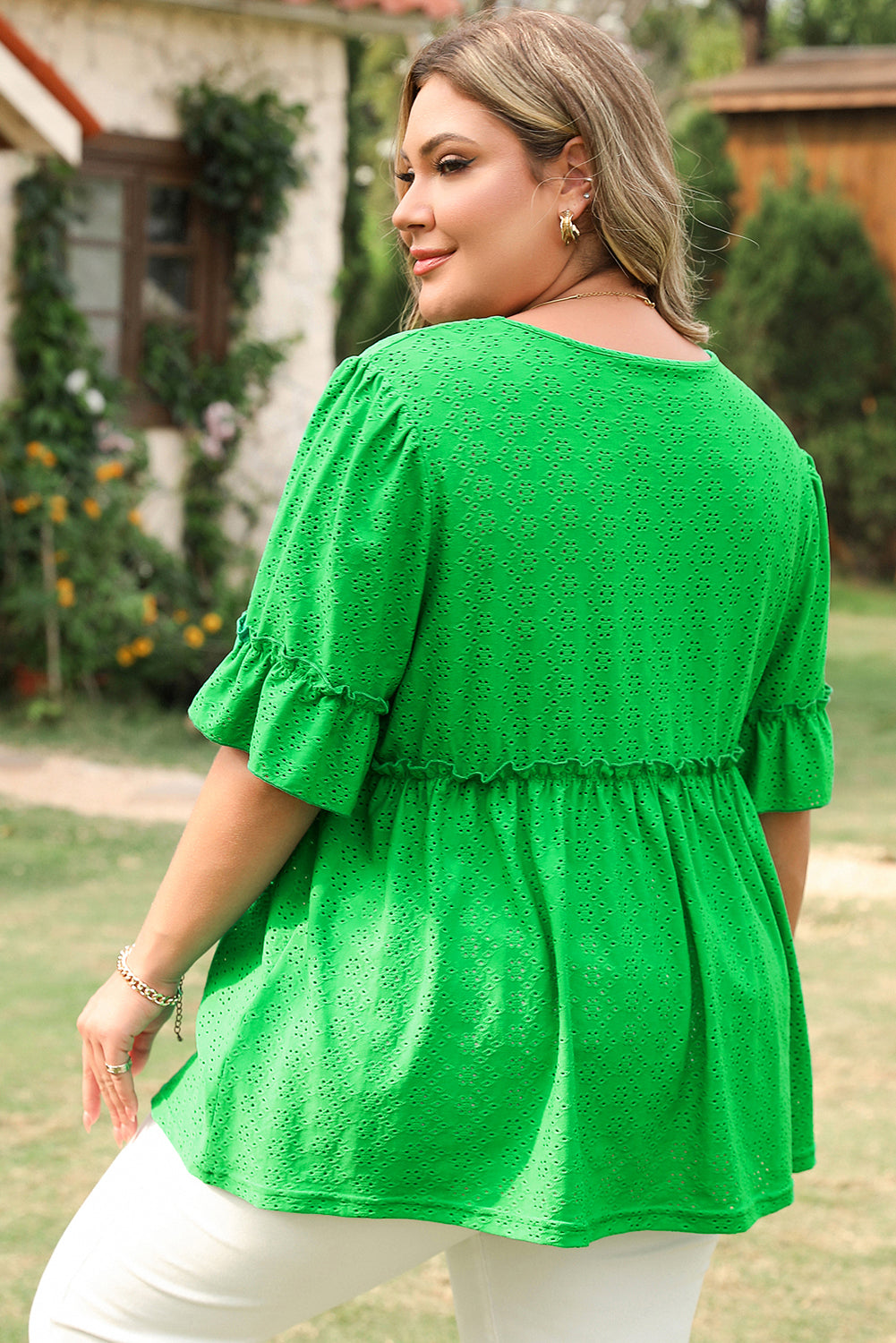 Green Textured Frilled Short Sleeve Plus Size Babydoll Blouse-Plus Size/Plus Size Tops/Plus Size Blouses & Shirts-[Adult]-[Female]-2022 Online Blue Zone Planet