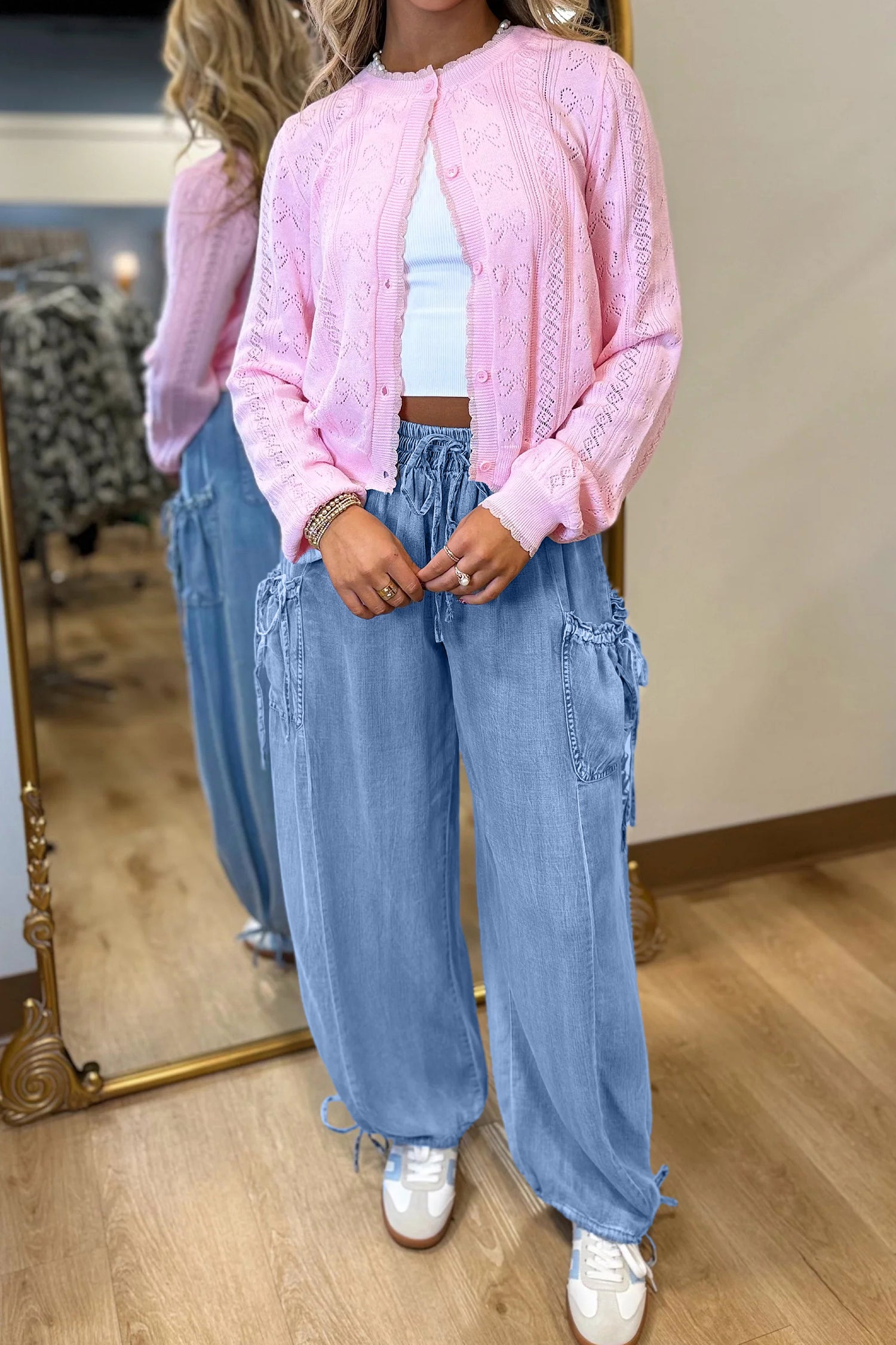 Beau Blue Drawstring Elastic Waist Pocketed Loose Denim Pants-Bottoms/Jeans-[Adult]-[Female]-2022 Online Blue Zone Planet